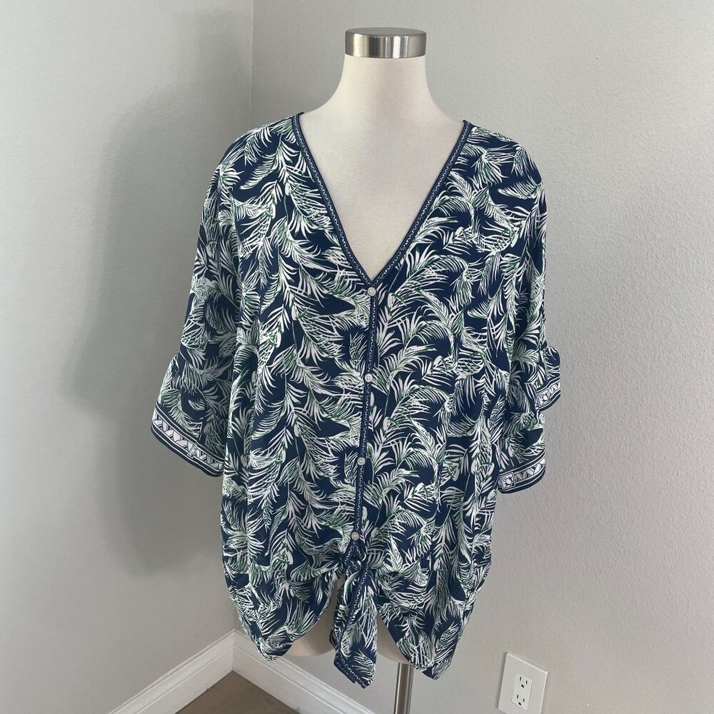 Max Studio Womens Plus 2X Navy Green Tropical‎ Floral Button Front Tie Hem Top